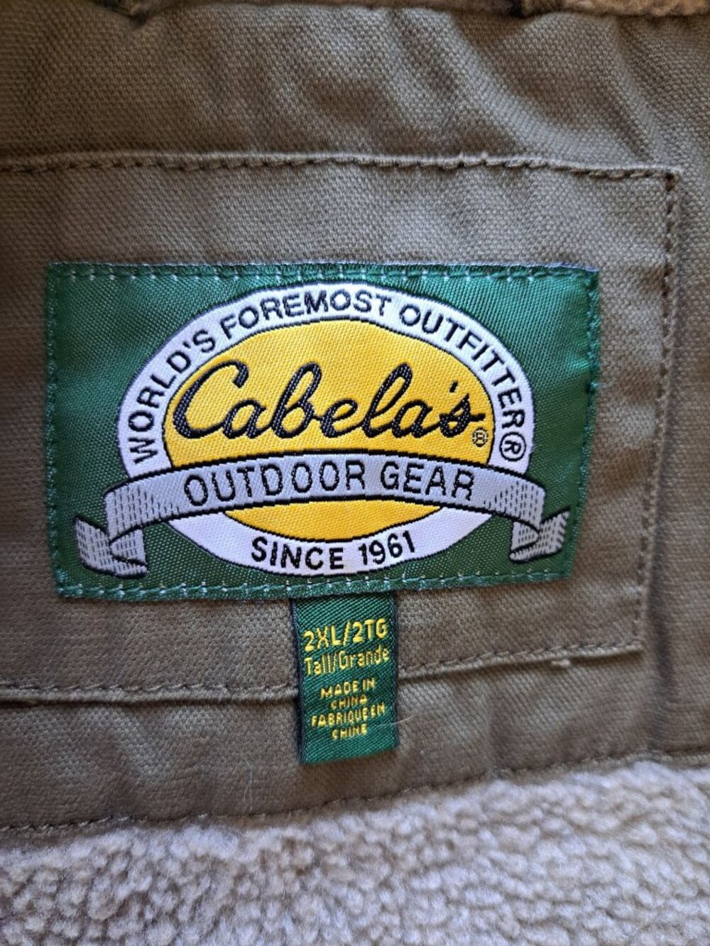 Cabelas Mens Olive Green Canvas Workwear Vest Sherpa Fleece Full Zip 2XLTall - Picture 2 of 12